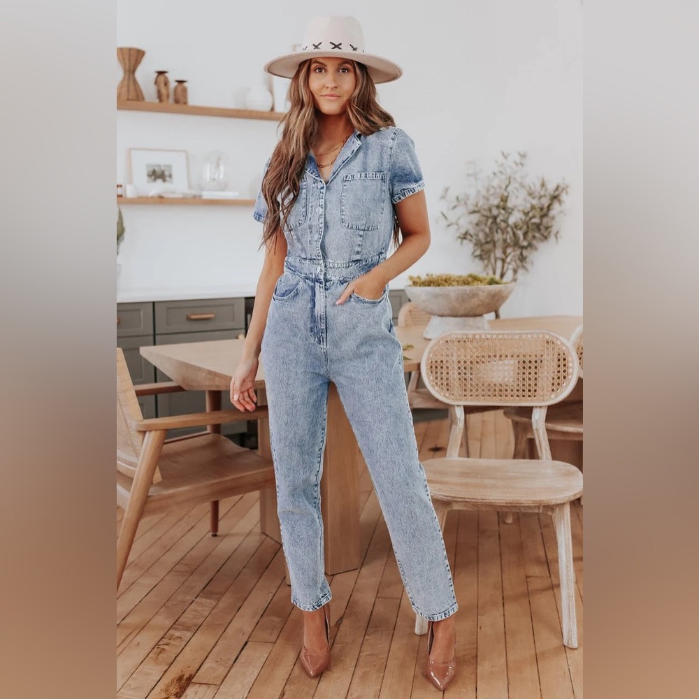 Short Sleeve Medium Wash Denim Jumpsuit